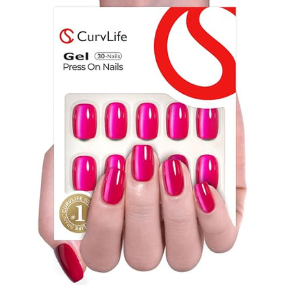 CurvLife Short Square Press On Nails, Chrome Hot Pink, Soft Gel - color: Chrome hot pink