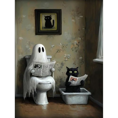 Halloween Diamond Art Kits for Adults,Bathroom Ghost Cat Diamond Painting - color: DP03745