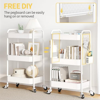 TOOLF 3 Tier Rolling Cart, Metal Utility Storage Cart with Pegboard, White - color: White, size: 3-Tier