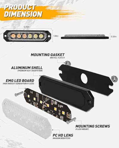 HLauto 406T Emergency Strobe Grille Lights: 4Pcs 6 LED Sync Feature Safety Warning Flashing Light, 12V-24V Ultra Slim Surface Mount Hazard Caution Light for Truck, Vehicle, Car, ATV, UTV (Green) - color: Green