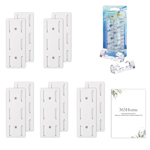 10-Pack Adhesive Punch-Free Socket Holder, Self Adhesive Desktop Socket Fixer, Power Strip Holder Wall Mount with 20 Pcs Cable Organizer Clips, Suitable for WiFi Routers, Remote Controls