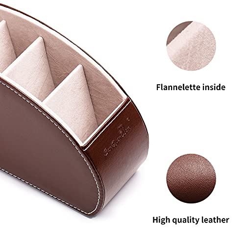 Remote Control Holder , PU Leather Organizer Box with 5 Compartments for Table Bed Office ,Remote Caddy Desktop Storage Home Accessories for Controllers , Media Player ,Make up Brush ,Pen (Brown-A)