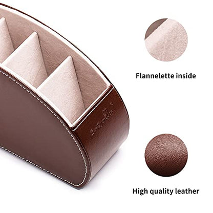 Remote Control Holder , PU Leather Organizer Box with 5 Compartments for Table Bed Office ,Remote Caddy Desktop Storage Home Accessories for Controllers , Media Player ,Make up Brush ,Pen (Brown-A)