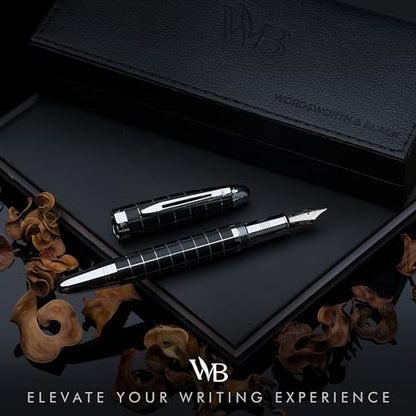 Wordsworth & Black Majesti Luxury Fountain Pen Set for Writing, Medium Nib - color: Checked Chrome, style: Medium Nib
