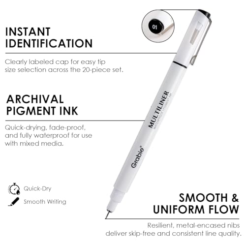 Grabie Micro Fineliner Pens, Set of 20 Multicolor Waterproof Drawing Pens - color: 20-Multicolor