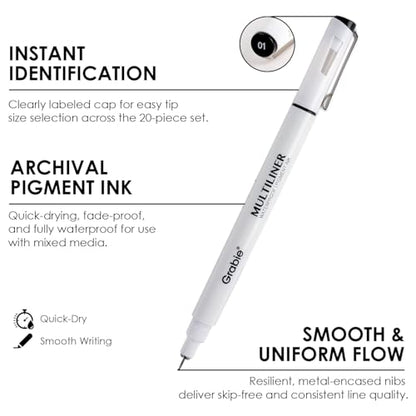 Grabie Micro Fineliner Pens, Set of 20 Multicolor Waterproof Drawing Pens - color: 20-Multicolor