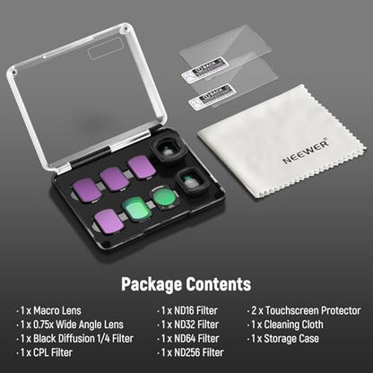 NEEWER ND Filter Set Compatible with DJI Osmo Pocket 3 / Pocket 4 / Xtra Muse, ND16/32/64/256, CPL, Black Diffusion 1/4 Filter for Mist Cinematic Effect, Wide Angle, Macro Lens, FL-B17