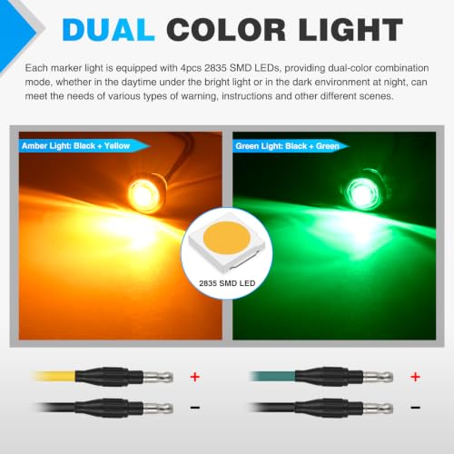 Nilight 3/4 Inch Dual Color Marker Light Amber Turn Green Clearance Lights - color: Amber Green 10Pcs