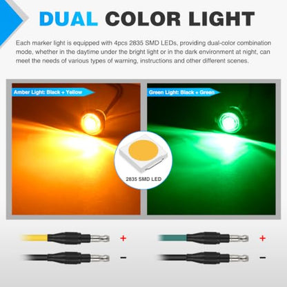Nilight 3/4 Inch Dual Color Marker Light Amber Turn Green Clearance Lights - color: Amber Green 10Pcs