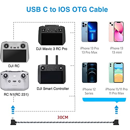 1FT USB C to iOS Remote Controller Cable for DJI Mini 4 Pro, Mavic 3, Mini 2/3 Pro, Air 2S, Mavic Air 2, DJI RC-N1/RC 2 Remote, Drone to Phone 14/13 / Tablet Cable 90 Degree OTG Data Cord Accessories - size: 1FT(12in), style: USB C to IOS