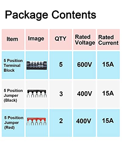 Terminal Block, 5 Circuits 600V 15A Dual Row Screw Terminal Strip, 5 Sets - size: 15A 5P+5pcs Jumpers