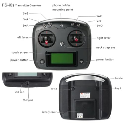 GoolRC Flysky FS-i6s 2.4G 10CH AFHDS 2A RC Transmitter with FS-iA6B Receiver for RC Drone Airplane Multicopter Helicopter (Black) - color: Black