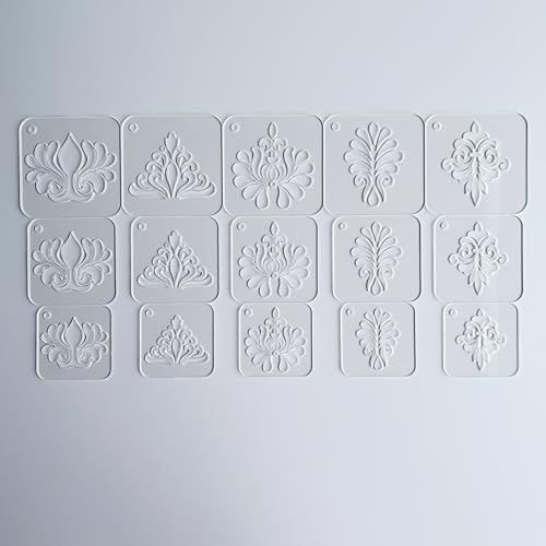 Mandala Drawing Stencils Set, Clear Acrylic, 2.95-2.17 Inch, 15 Pieces with Ring, Geometric Dot Pattern Templates for Art (Flourish Pattern)