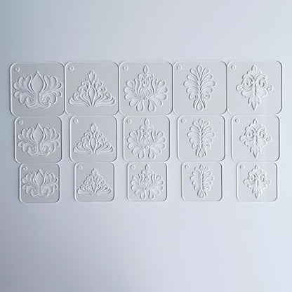 Mandala Drawing Stencils Set, Clear Acrylic, 2.95-2.17 Inch, 15 Pieces with Ring, Geometric Dot Pattern Templates for Art (Flourish Pattern)
