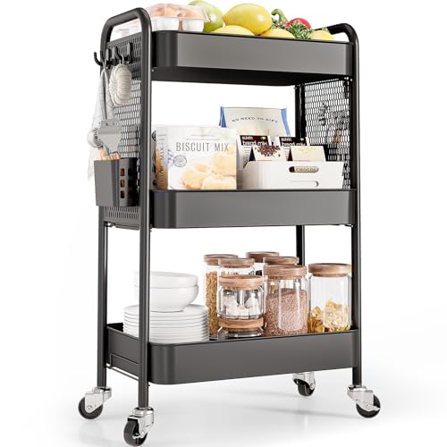 TOOLF 3 Tier Rolling Cart, Metal Utility Storage Cart with Pegboard, Black - color: Black, size: 3-Tier