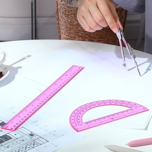 Zonon 3 Pcs 12" Clear Plastic Ruler 6 Inch Protractor Compass Set, Pink - color: Pink, size: 12 Inch