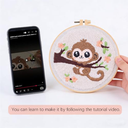 Myfelicity Punch Needle Embroidery Kit, Beginner Craft Set with Animal Pattern Design, 7.9 Inch Hoop (Monkey) - color: monkey