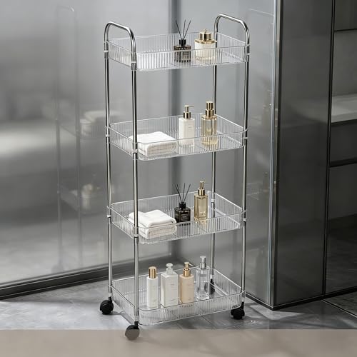 Sooyee Clear 4-Tier Plastic Rolling Utility Cart with Wheels - color: Clear, size: Wide 4 Tier