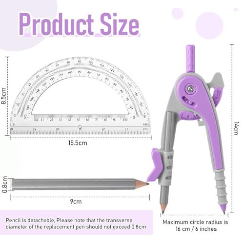 Eboot Student Geometry Math Set, Drawing Compass and 6 in, Lavender Purple - color: Lavender Purple