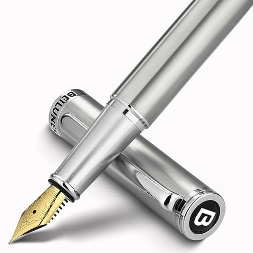 BEILUNER Luxury Fountain Pen Set,Solid 24K Gilded(Fine)-Charming Silver - color: Silver, style: Fine Nib
