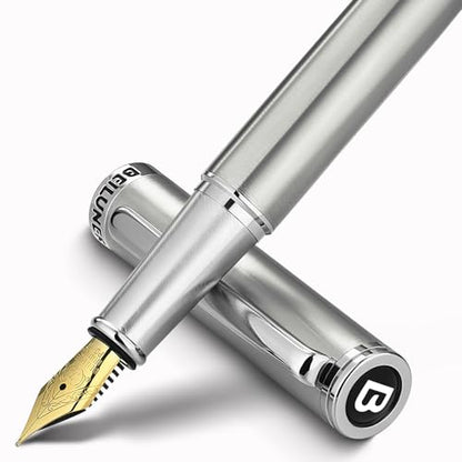 BEILUNER Luxury Fountain Pen Set,Solid 24K Gilded(Fine)-Charming Silver - color: Silver, style: Fine Nib
