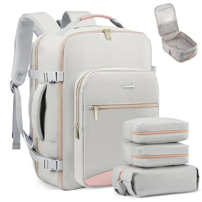LOVEVOOK 40L Travel Backpack Flight Approved Carry on Backpack,3 Packing Cubes,Waterproof Personal Item Travel Bag,TSA Carry on Luggage Suitcase Travel Essentials,Gifts for Women & Men,fits 17" Laptop - color: A-light Gray-pink, size: Large-40L-4Pcs(Stand