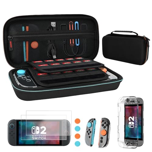 ARVOK Accessories Bundle for Nintendo Switch 2 case, Portable Carrying Case with Game Card Slots, Clear Hard Shell Protective Cover, 2 Screen Protectors & 4 Thumb Grips, Travel & Storage Kit