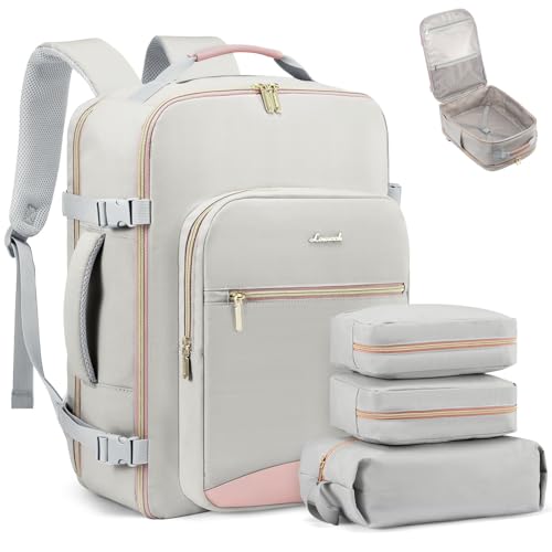 LOVEVOOK 40L Travel Backpack Flight Approved Carry on Backpack,3 Packing Cubes,Waterproof Personal Item Travel Bag,TSA Carry on Luggage Suitcase Travel Essentials,Gifts for Women & Men,fits 17" Laptop - color: A-light Gray-pink, size: Large-40L-4Pcs(Stand