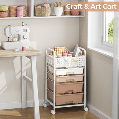 4 Drawer Rolling Storage Cart with Pegboard Top and Hooks, Brown - color: Brown, size: 4-Drawers