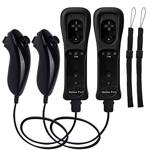 Motion Plus Wii Controllers 2Packs with Nunchucks, Wii Remote Controllers Compatible for wii and Wii U with Built in Motion Plus - color: black+black