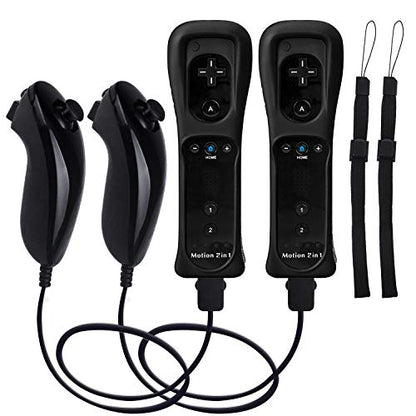 Motion Plus Wii Controllers 2Packs with Nunchucks, Wii Remote Controllers Compatible for wii and Wii U with Built in Motion Plus - color: black+black