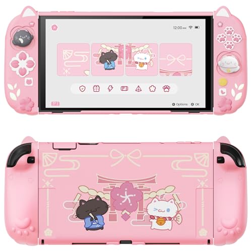 PlayVital Cherry Blossoms Kitten Protective Case for Nintendo Switch 2 with Stand | Cute Cat Ear & Paw Silicone Grips, Dockable Hard Shell, 2 Joystick Caps | Full-Body Protection Cover, Pink - color: NS2 Pink