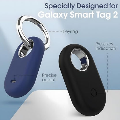 Smart Tag 2 Case Compatible with Samsung Galaxy SmartTag2 Holder, Anti Lost Secure Keyring for Keys Pet Collar Luggage Bag Travel, Full Cover Protective SmartTag 2 Keychain, 4-Pack Black/Blue