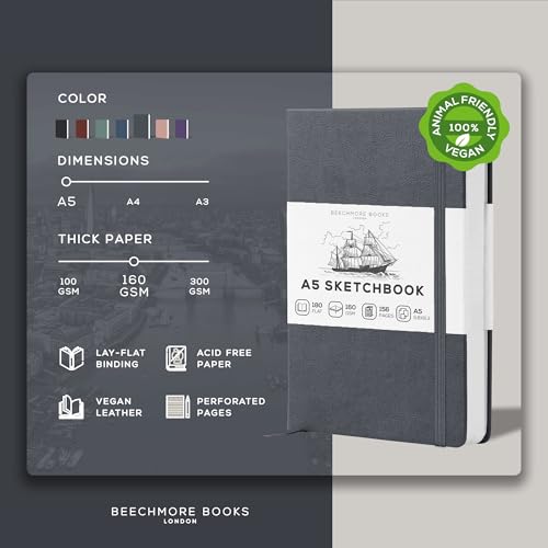 Beechmore Books A5 5.8x8.3 Mixed Media Sketchbook 160 GSM/98LB, Gift Box - color: Graphite Grey, size: A5 - 5.8" x 8.3" Medium