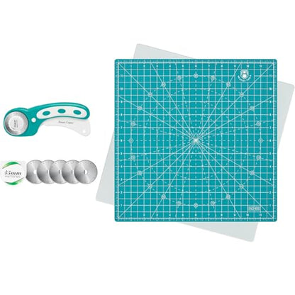 Headley Tools Rotary Cutter Set - 45mm Fabric Cutter, 5 Extra Rotary Blades,12"x12" Rotating Cutting Mat, Ideal for Crafting, Sewing, Patchworking,Turquoise