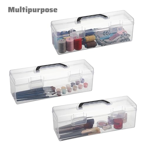 BTSKY 2 PCS Extra Long Plastic Pencil Box Portable Clear Home Utility Boxes with Black Handle Stationery Storage Organizer Utility Painting Tool Storage Container for Marker Sticky-Note Craft Supplies