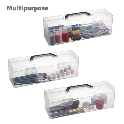 BTSKY 2 PCS Extra Long Plastic Pencil Box Portable Clear Home Utility Boxes with Black Handle Stationery Storage Organizer Utility Painting Tool Storage Container for Marker Sticky-Note Craft Supplies