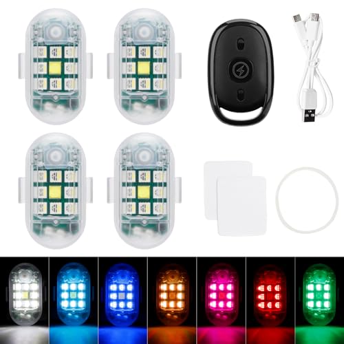 SEISSO 4-Pack Wireless Remote Control Anti-Collision LED Strobe Lights Kit - USB Charging Emergency Drone Warning Hazard Flash for Vehicles, Cars, Trucks - 7 Colors Changing
