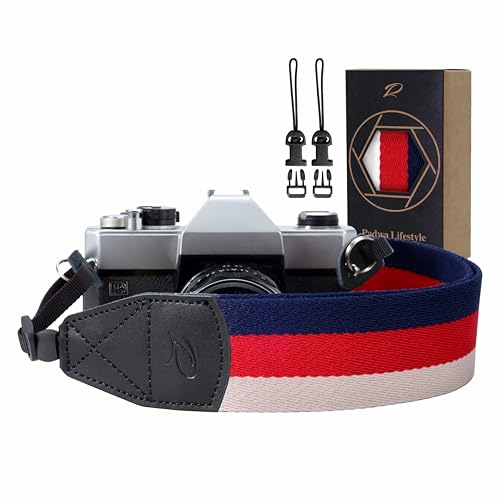 Padwa Lifestyle Stripes Camera Strap - 2" Wide Genuine Leather Ends Camera Straps for Photographers, Vintage Blue, Red, and white Stripes Nylon Strap with Camera Quick Release fits All Cameras - color: Stripes