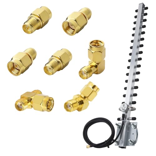 Yagi WiFi Antenna 2.4GHz 25dBi + 7-in-1 SMA/RP-SMA Adapter Kit – Long Range Directional Booster with RF Converters, 90°/45° Angles & 3-Way Splitter – for Router, FPV, USB Adapter, SDR, Baofeng Radio