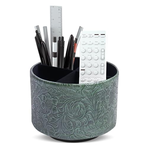 lizimandu Round Leather Art Supply Organizer,Remote Control Holder,360 Degree Spinning,Multi-Functional Pencil Holder,4 Compartments Desktop Stationary Organizer(1-Carved Metal Green1) - color: 1-Carved Metal Green1