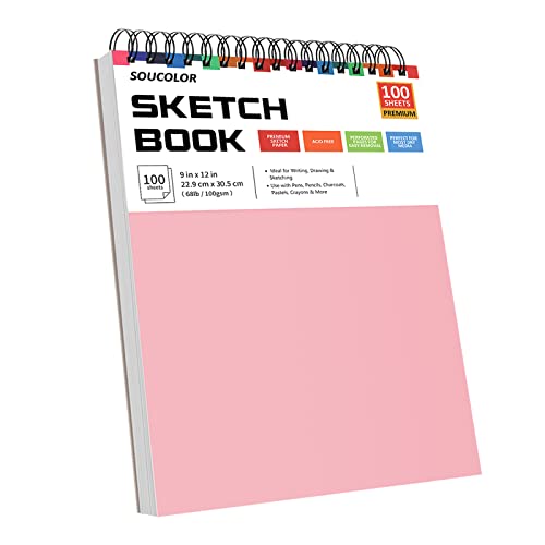 Soucolor 9x12 Sketch Book 2-Pack, 100 Sheets, Acid-Free, Spiral Bound - color: Pink&Purple, size: 9" x 12" (Pack of 2)