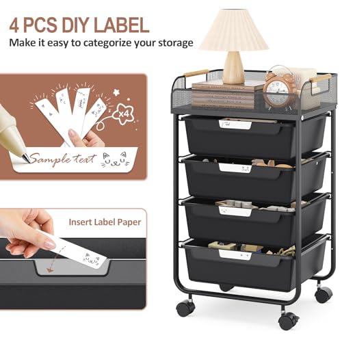SYKIARIOL 4-Drawer Rolling Storage Cart with Mesh Top,Black - color: Black