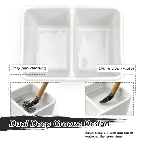 Ceramic Paint Palette 2 Deep Well Paint Brush Wash Bowl Paint Brush Washing Container Large Capacity Wash Bowl for Watercolor Gouache Painting