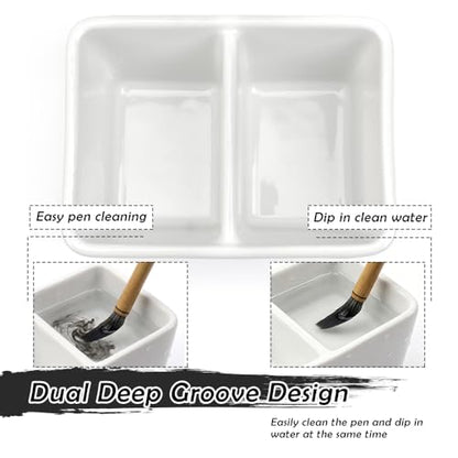 Ceramic Paint Palette 2 Deep Well Paint Brush Wash Bowl Paint Brush Washing Container Large Capacity Wash Bowl for Watercolor Gouache Painting