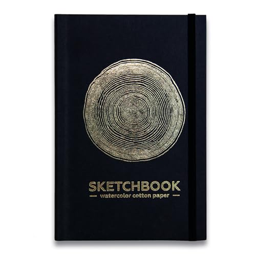 Compact Watercolor Sketchbook (8×5”) – 100% Cotton Paper, 200gsm, 80 Pages – A5 Travel Watercolor Journal with Lay-Flat Binding – Durable Soft Cover (Tree Ring) - color: Tree