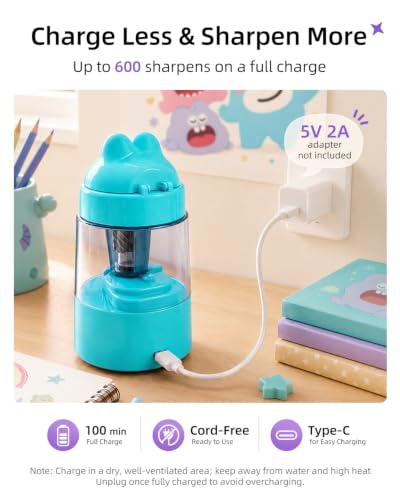 ZMOL Blue Bunny Electric Pencil Sharpener, 6-8mm, Rechargeable, Stickers - color: Blue