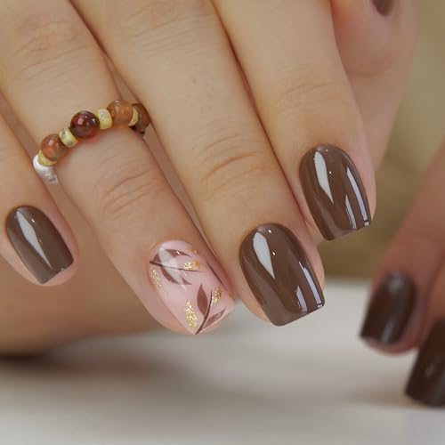 CurvLife Short Square Floral Press On Nails, Botanical Brown, Soft Gel - color: botanical nails