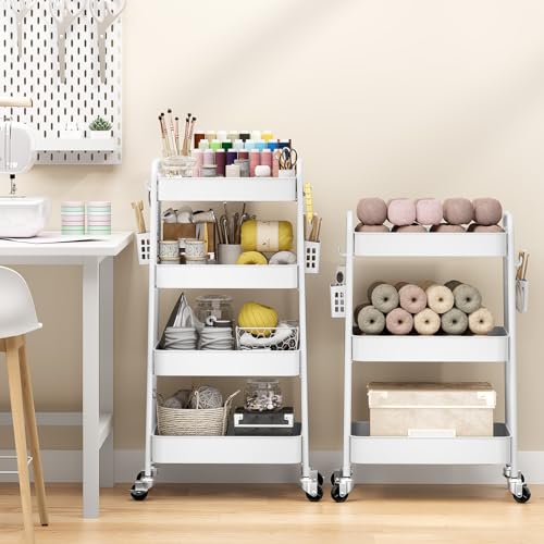 TOOLF 4 Tier Rolling Cart, Metal Utility Storage Cart with Pegboard, White - color: White, size: 4-Tier