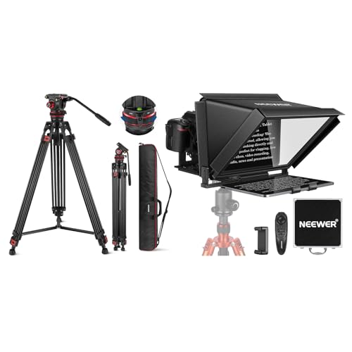 NEEWER 74" Video Tripod with X12 14 inch Aluminum Alloy Teleprompter, Adjustable Damping Fluid Head, Metal Heavy Duty Dual-Mode QR Plate Compatible with DJI RS Gimbals, Flexible 360° Pan&+90°/-75°Tilt